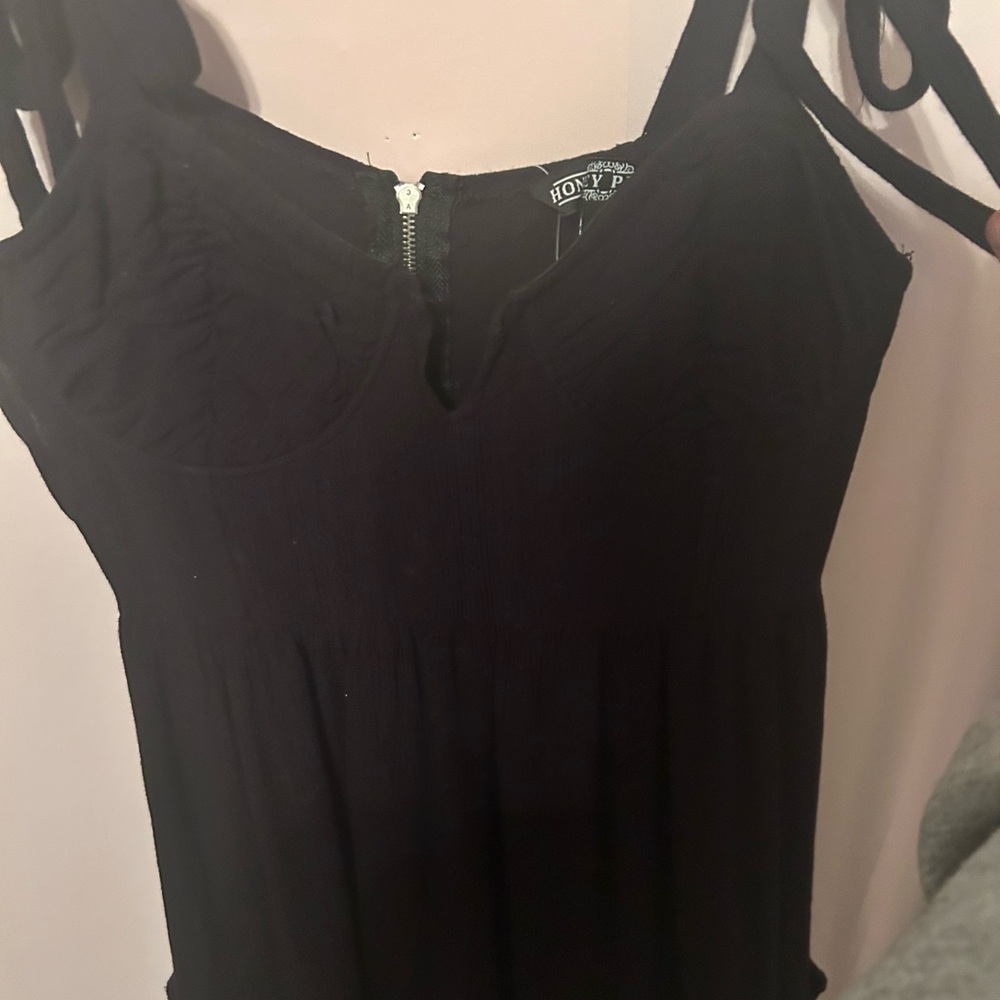 Hot Topic Black Smocked Tank Top Dress with Scoop Neck and Tie Front